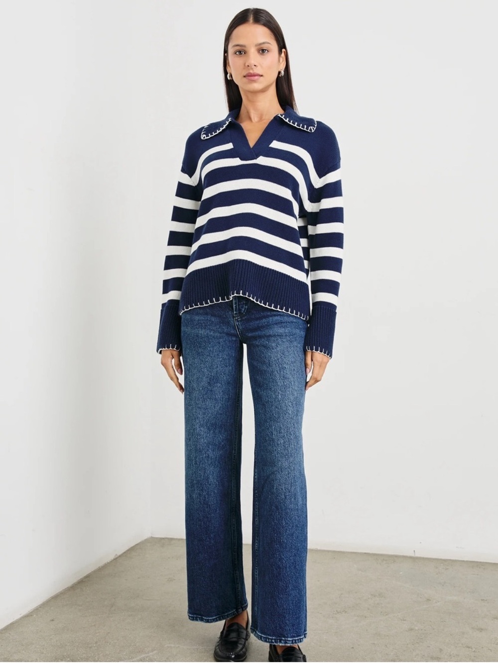Rails Athena Sweater in Navy Ivory Stripe, Medium, Johnny Collar, Nautical